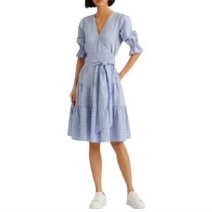 Lauren Ralph Lauren 100% Linen PlaidGingham Wrap Tie-Waist Midi Dress Blue White